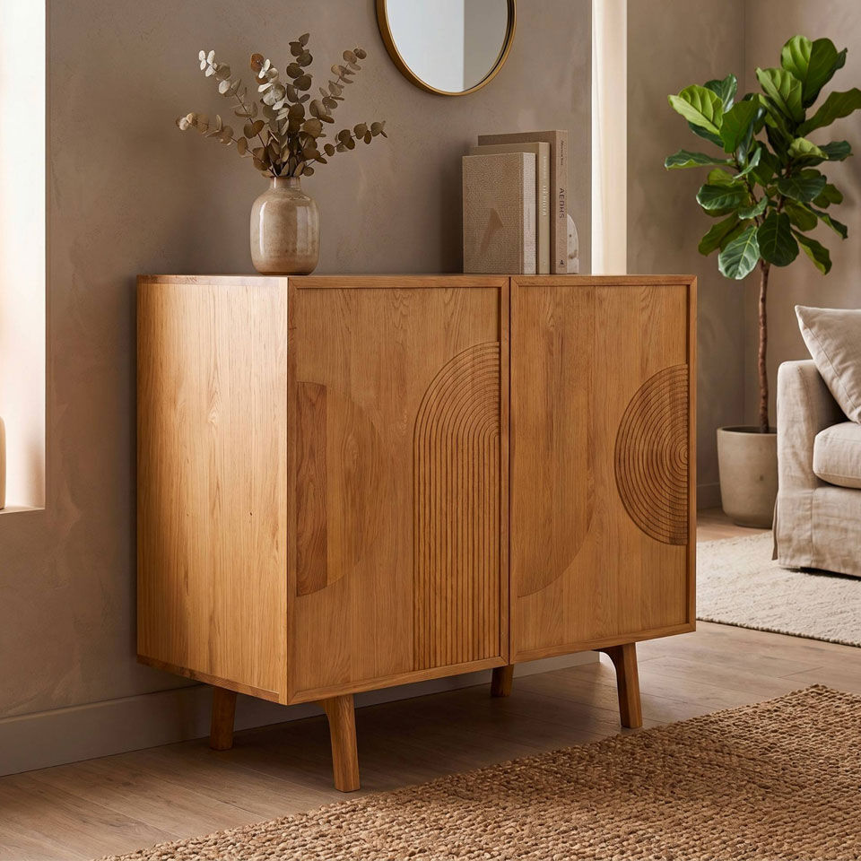 buffet 2 portes en chene motifs arrondis