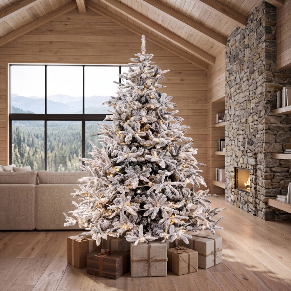 grand sapin de noël enneigé lumineux