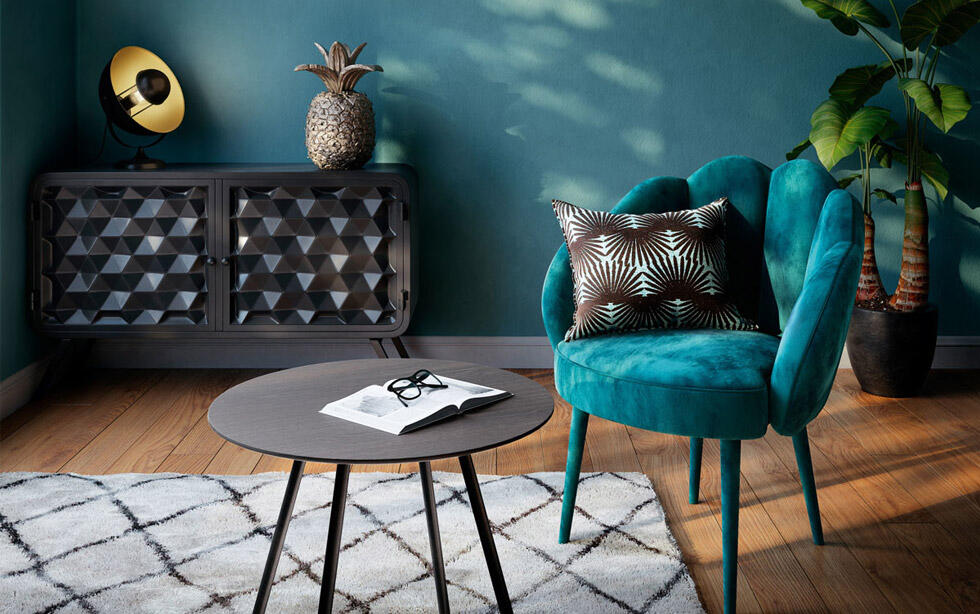 salon tendance avec fauteuil bleu canard