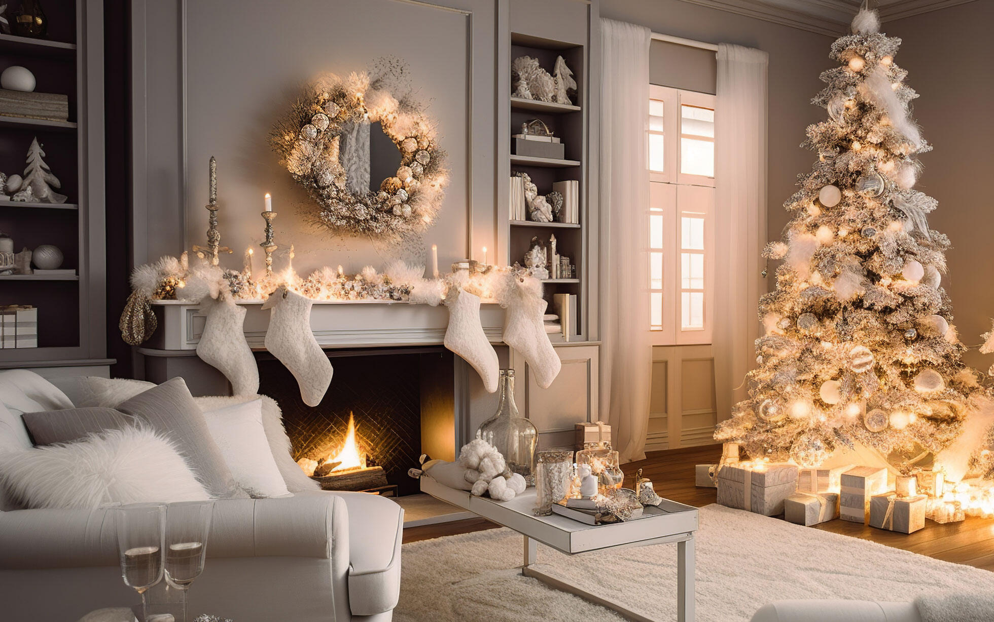 árbol de navidad blanco en la sala de estar decorada