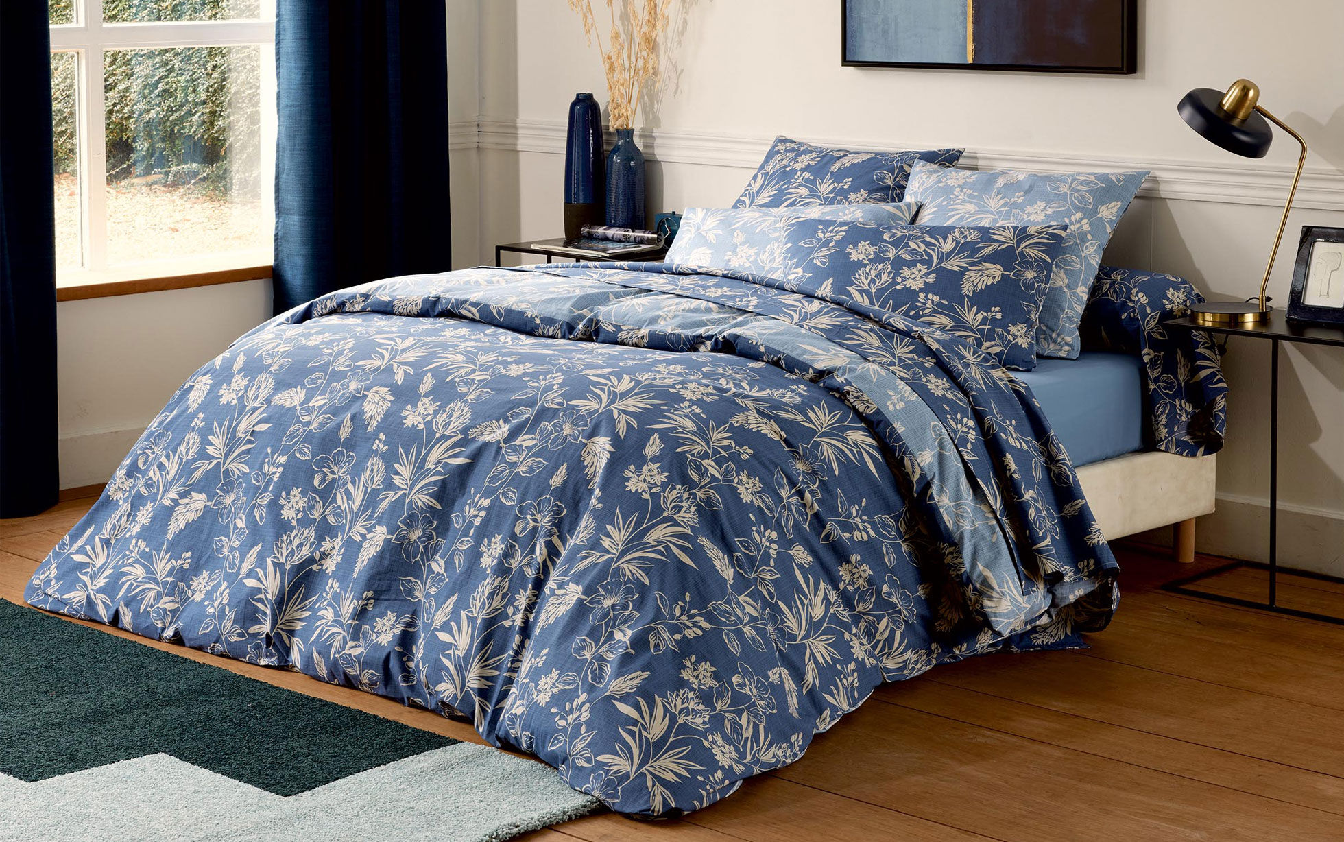 housse de couette motif végétal bleu