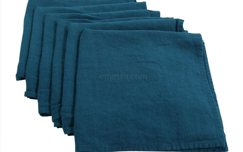 serviette de table bleu canard en lin lavé