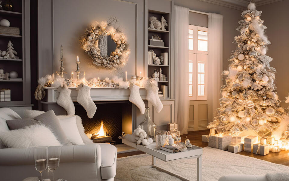 Weißer Weihnachtsbaum im geschmückten Wohnzimmer