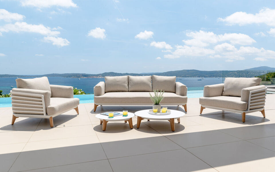 salon de jardin design 5 places aluminium blanc et taupe