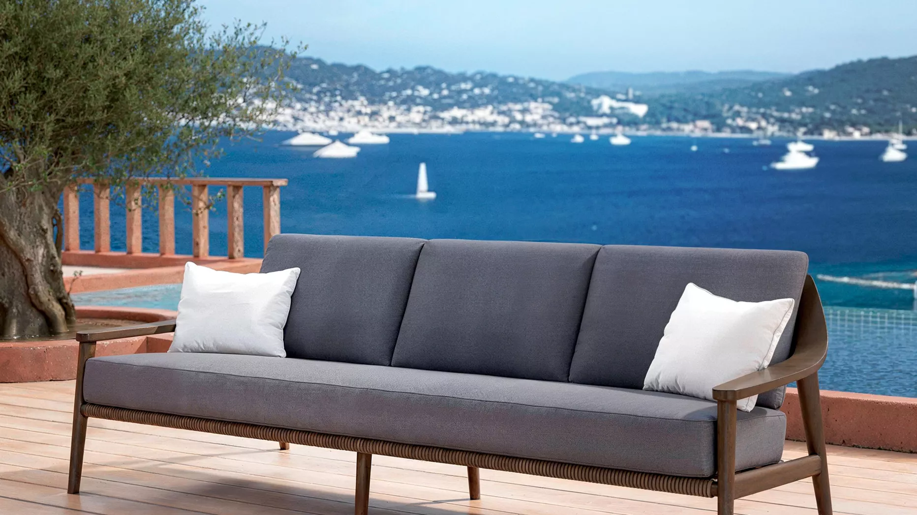 Canapé de jardin bois teck 3 places Cap Ferrat - Gris