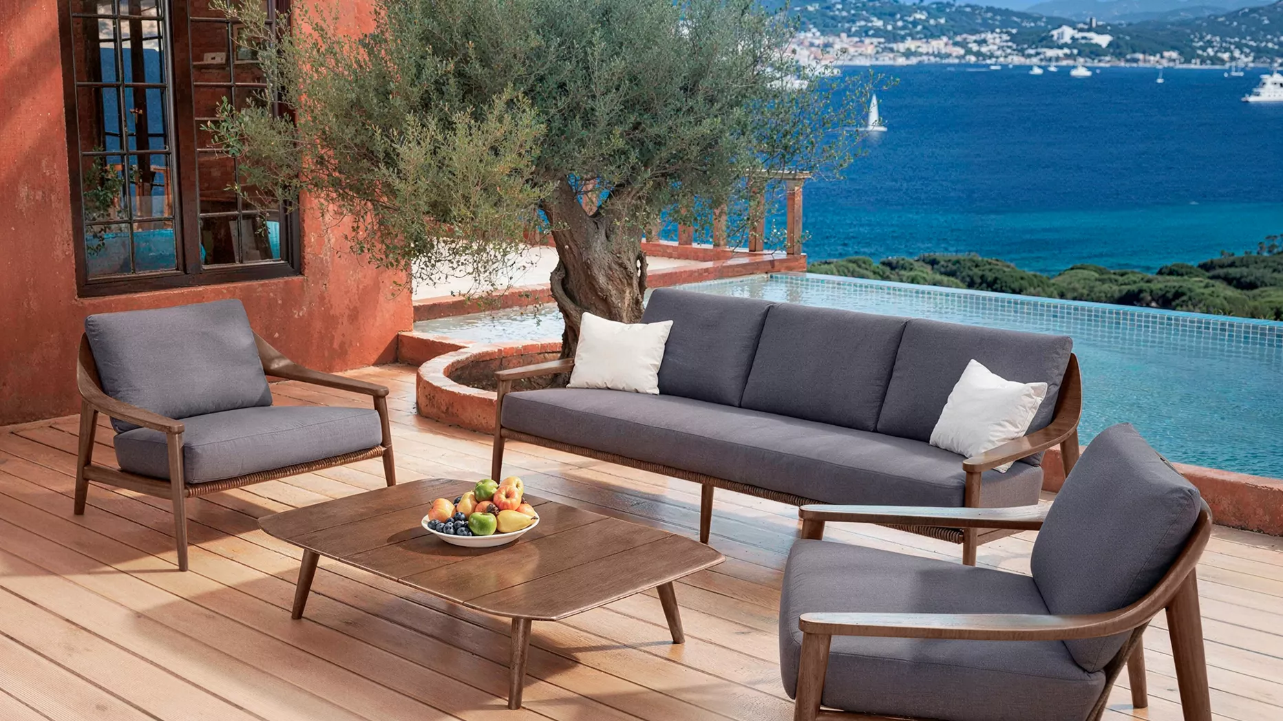 Salón de jardín en madera teck 5 lugares Cap Ferrat - Gris