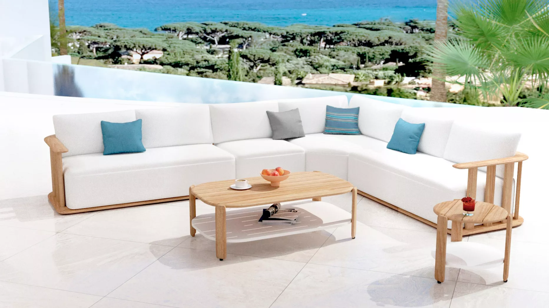 Salón de jardín en ángulo en madera teck 6 lugares Java - Crudo