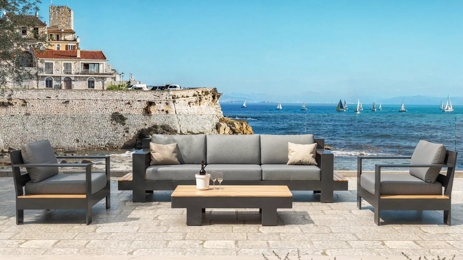 Salotto da giardino alluminio/teck 5 posti Antibes - Grigio antracite