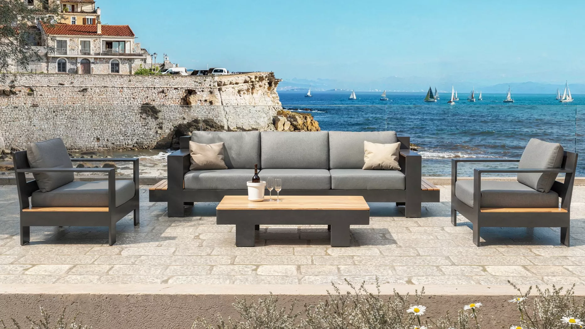 Salotto da giardino alluminio/teck 5 posti Antibes - Grigio antracite