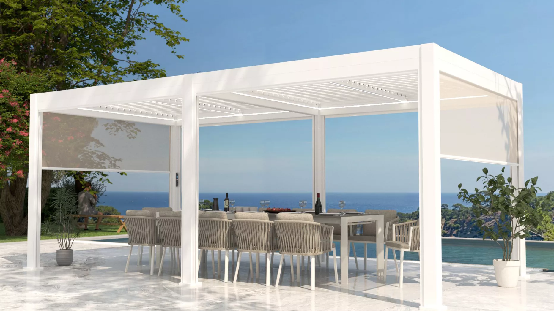 Pérgola bioclimática autoportante motorizada de aluminio  (3 x 6 m) LED - Blanco