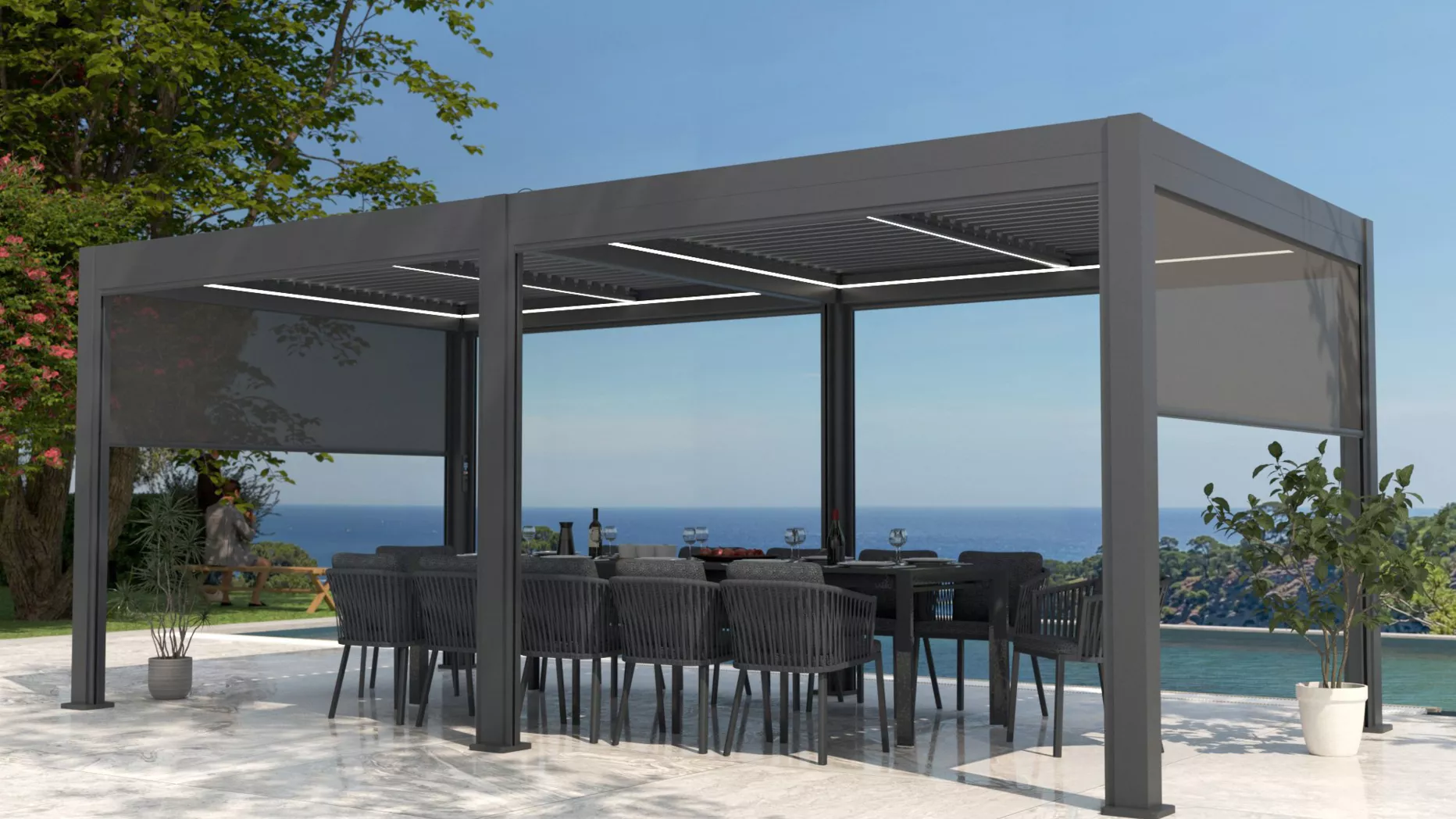 Gemotoriseerde zelfdragende bioklimatologische aluminium pergola (3 x 6 m) LED - Antraciet