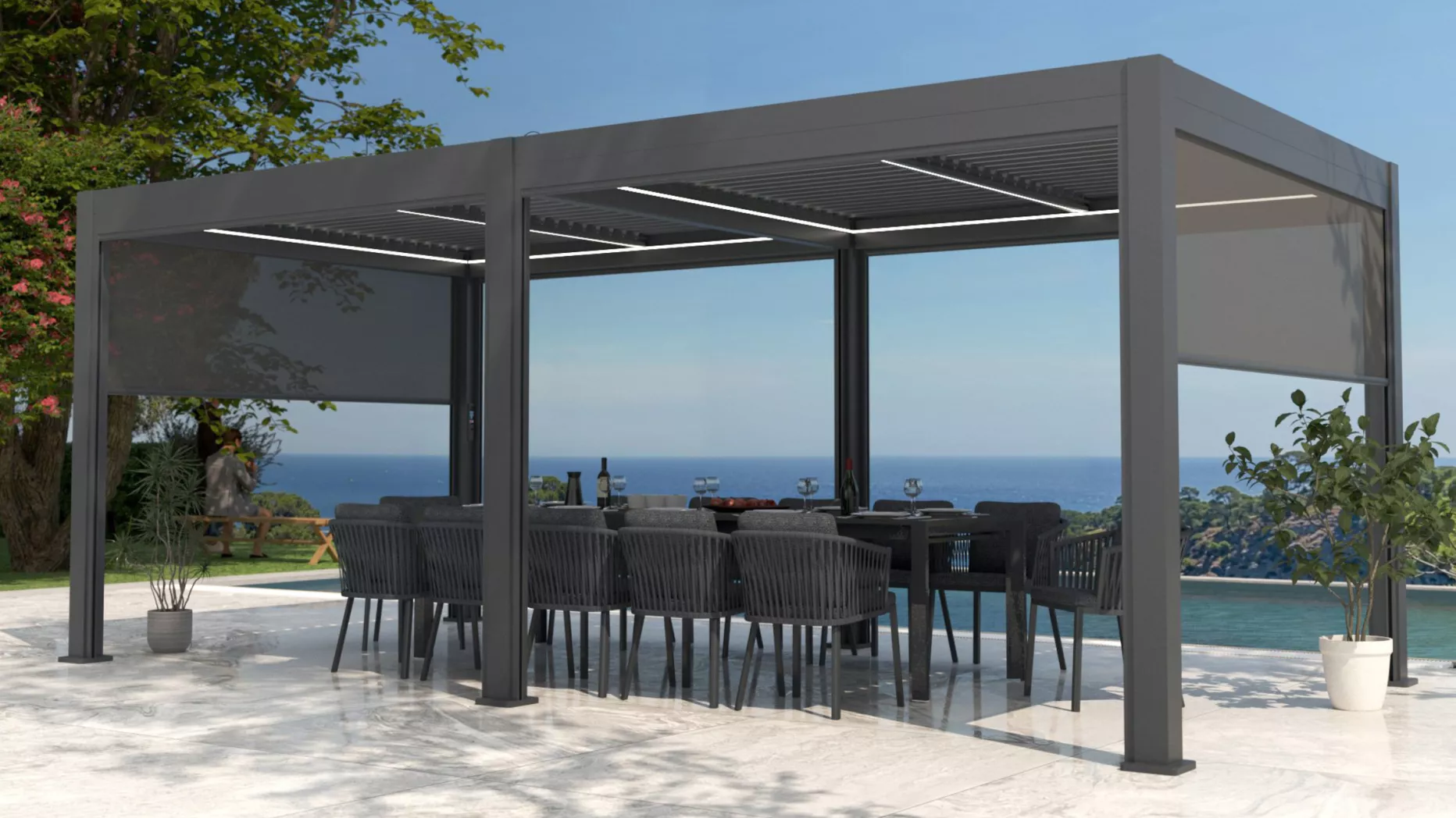 Pergola bioclimatica autoportante motorizzata alluminio (3 x 6 m) LED - Grigio antracite