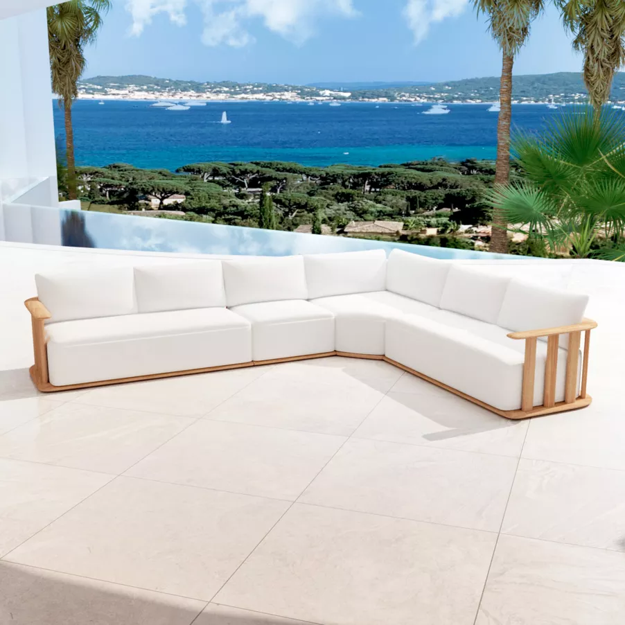 Salón de jardín en ángulo en madera teck 6 lugares Java - Crudo