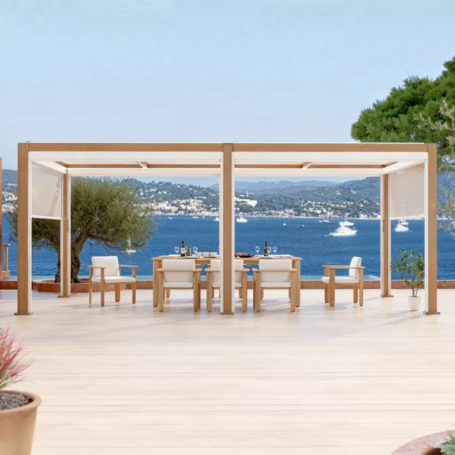 Pérgola bioclimática autoportante motorizada de aluminio  (3 x 6 m) LED - Madera