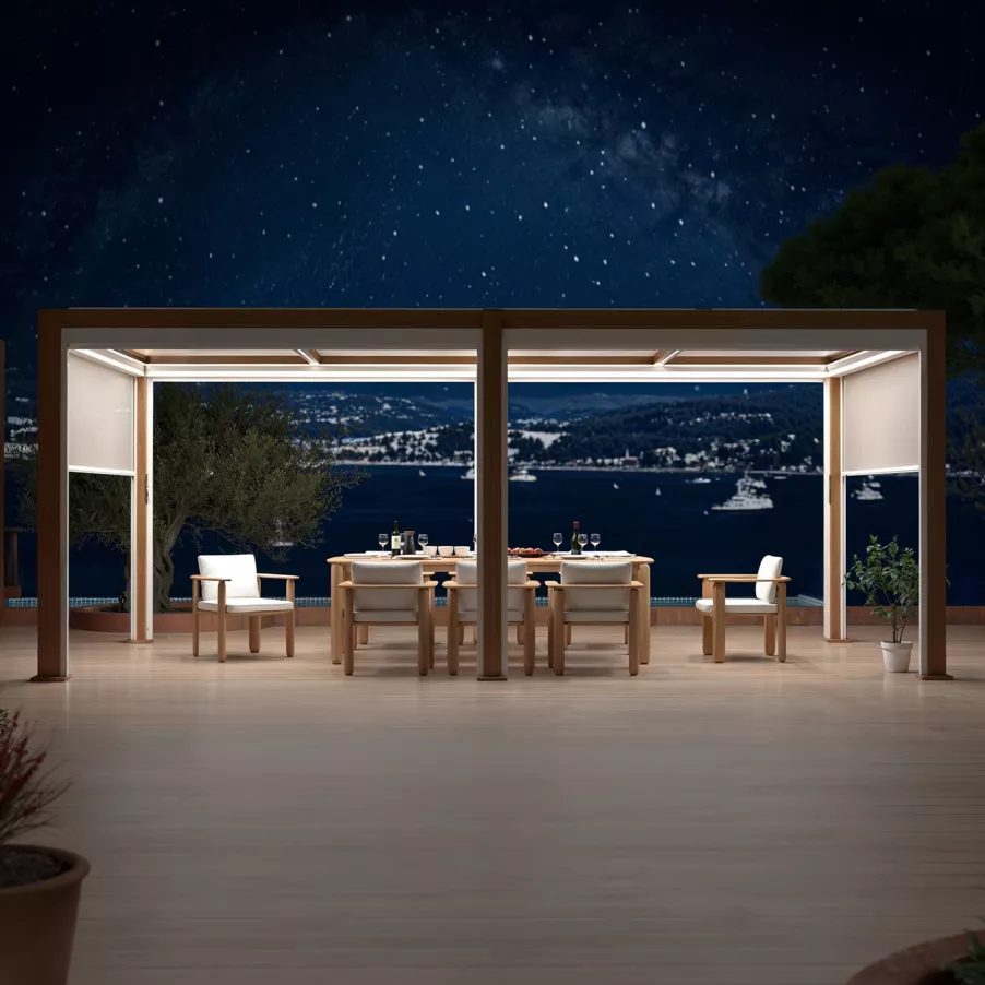 Pérgola bioclimática autoportante motorizada de aluminio  (3 x 6 m) LED - Madera
