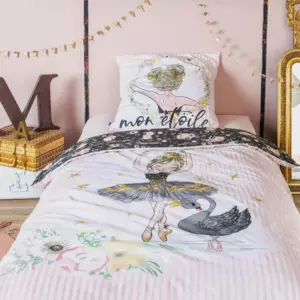 Housse de couette et deux taies enfant coton (200 cm) Mon toile Rose
