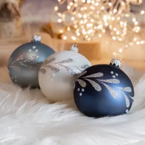 Lot de 6 boules de Nol (D80 mm) en verre Couronne de feuilles Bleu nuit