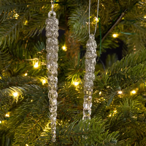 6 Décorations Stalactites Pailletées Pour Sapin – Or Pâle, Argent, Champagne – Style Hivernal Élégant