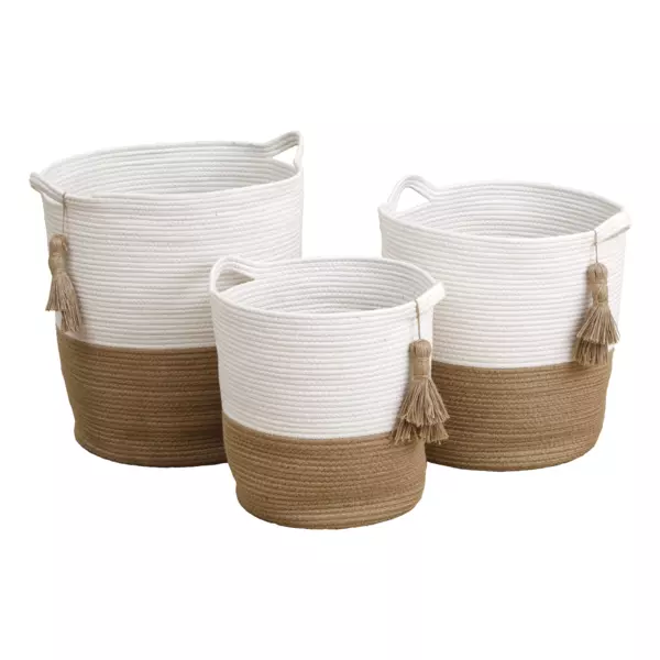 Juego de 3 cestas para ropa Pompons Camel
