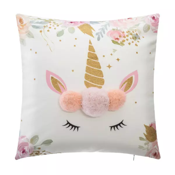 Coussin enfant carré (40 x 40 cm) Licorne Pompons Multicolore