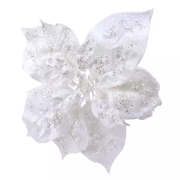 Poinsettia de Noël pailletée sur clip (D16 cm) Glit Blanc