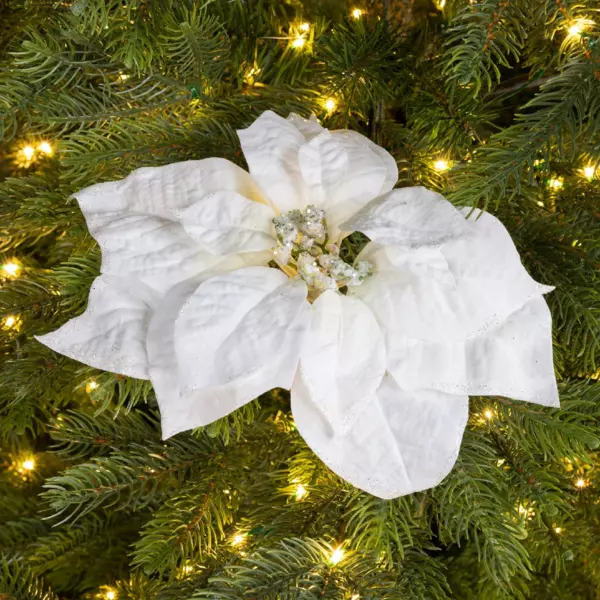 Poinsettia de Navidad con purpurina con clip Blanco