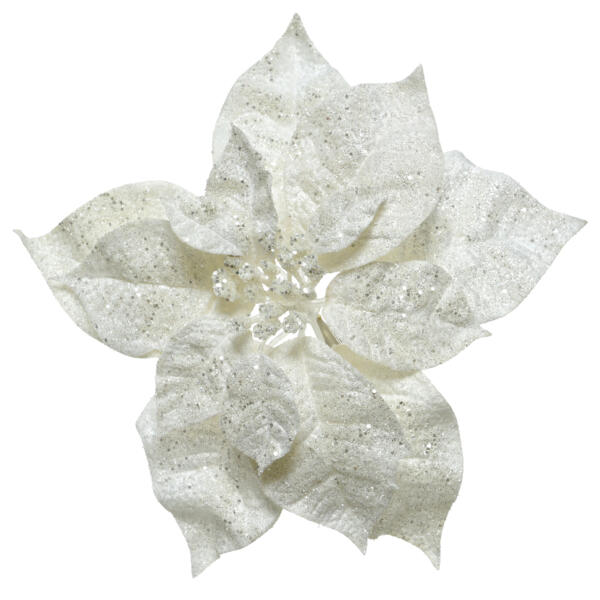Poinsettia de Navidad brillante Glit (26 cm) con clip Blanco