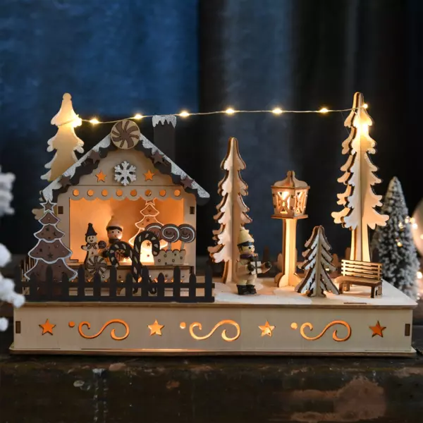 Village de Noël en bois lumineux à piles (H18 cm) Bonbons de Noël