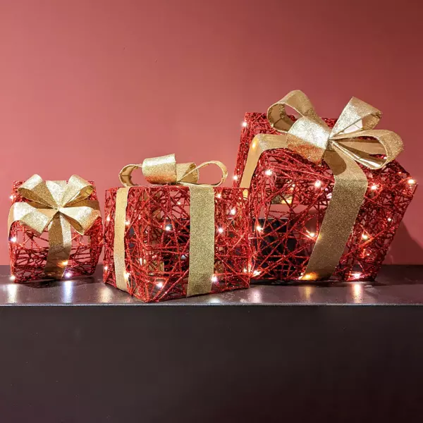 Lot de 3 cadeaux lumineux à piles 30 LED (H30 cm) Féerie Rouge et Blanc chaud