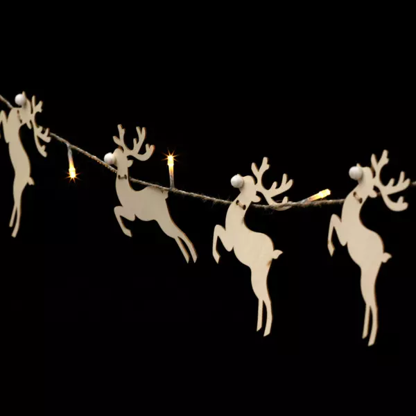 Batteridrevet lyskde med 15 LED (2,6 m) Rensdyr og pomponer Varm hvid