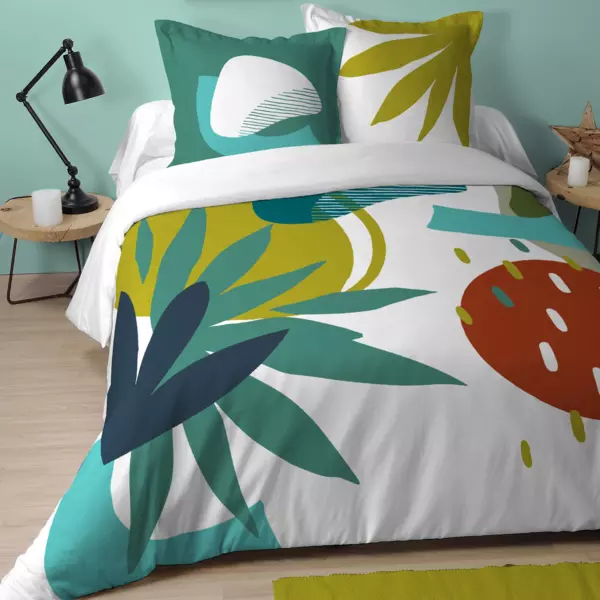 Funda nrdica y dos fundas para almohadn de algodn (240 cm) Quadro Azul celadn