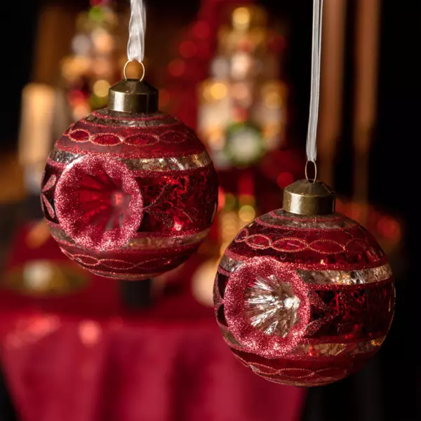 Set van 6 glazen kerstballen (D80 mm) Houx Rood - Kerstballen en