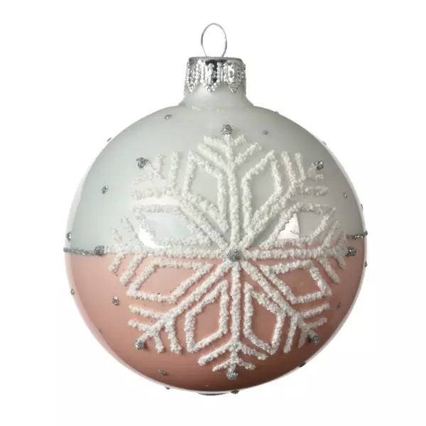 Lot de 6 boules de Noël en verre (D80 mm) Flocon enneigé Rose poudré