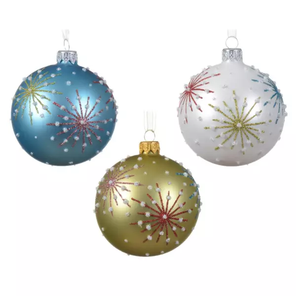 Lote de 6 bolas de Navidad (D80 mm) en vidrio Sali Blanco, Pistache y Azul destello