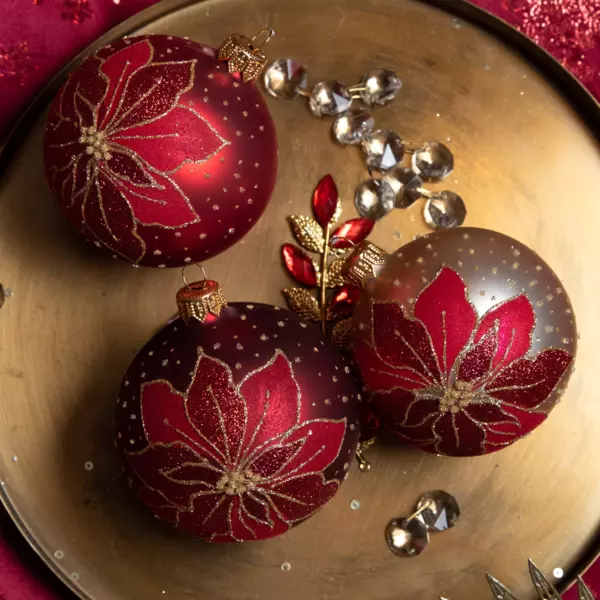 Lote de 6 bolas de Navidad (D80 mm) en vidrio Poinsettia Rojo