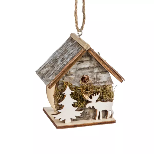 Caja nido de Navidad para colgar con árbolito y reno Natural