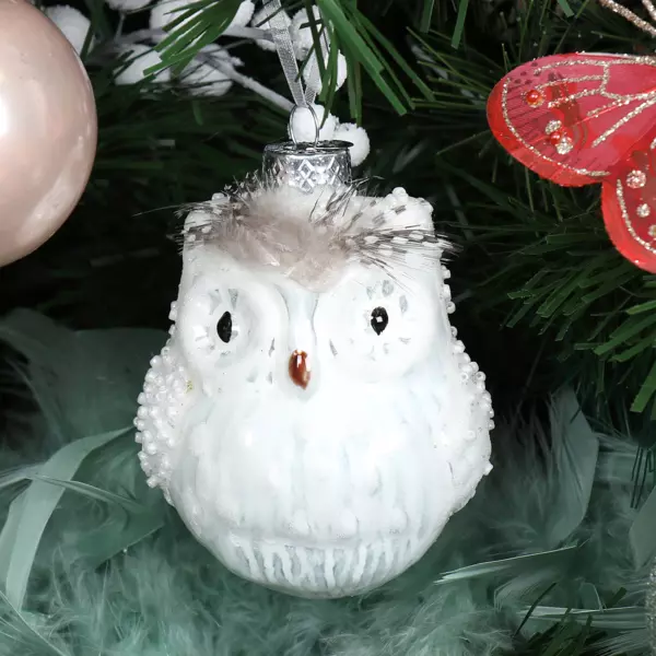 Set van 2 uilen Athéna om op te hangen parelwit