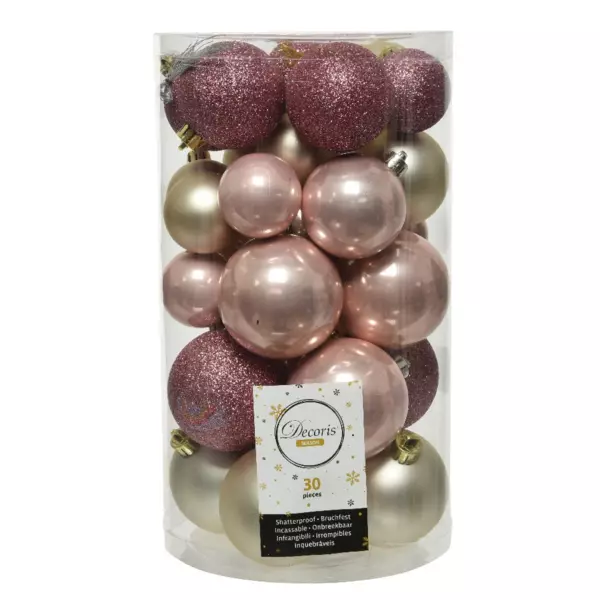 Lot de 30 boules de Noël Alpine mix couleurs Vieux rose / Rose poudré