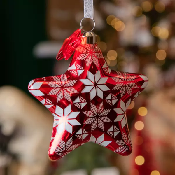 Lot de 2 étoiles de Noël à suspendre en verre (H8 cm) Floconées Rouge