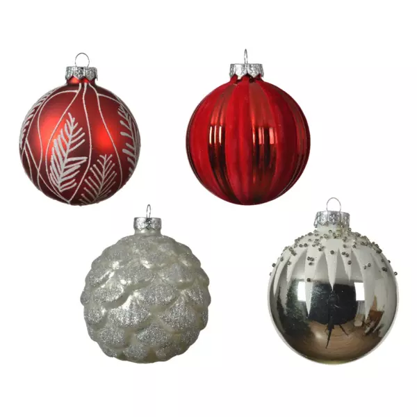 Lote de 12 bolas de Navidad en vidrio (D80 mm) Flocky Rojo