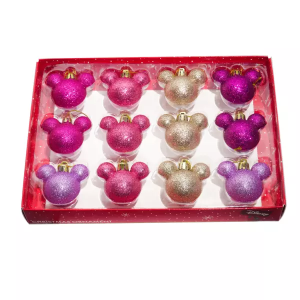 Cadeaudoos van 12 kerstballen (D30 mm) Mickey roze