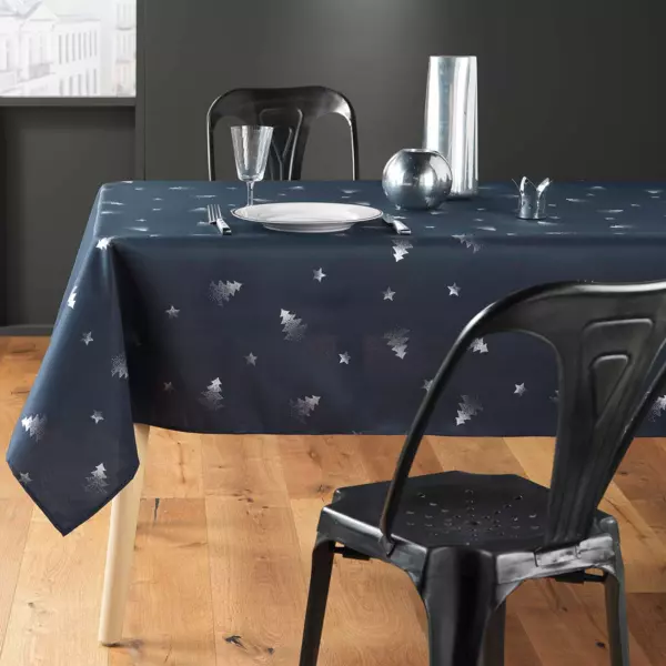 Nappe de Nol rectangulaire (150 x 300 cm) Sapin mtallis Bleu