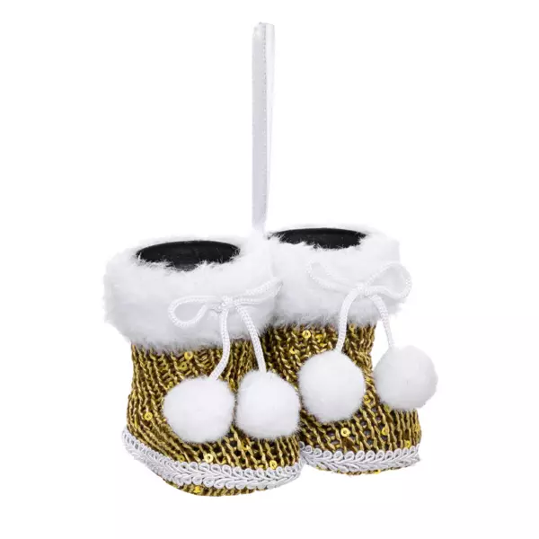 Par de botas de Navidad para colgar Pompones Oro