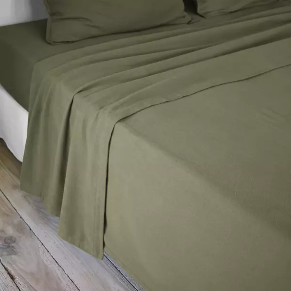 Drap plat flanelle de coton (240 x 300 cm) Théa Vert romarin