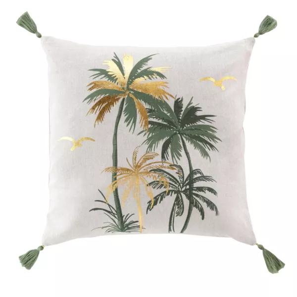 Kussen vierkant katoen met pompons (45 x 45 cm) Papeete Saliegroen