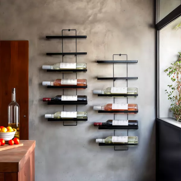 Set van 2 metalen wandflessenrekken, 12 vakken (H 139 cm) Léo Zwart