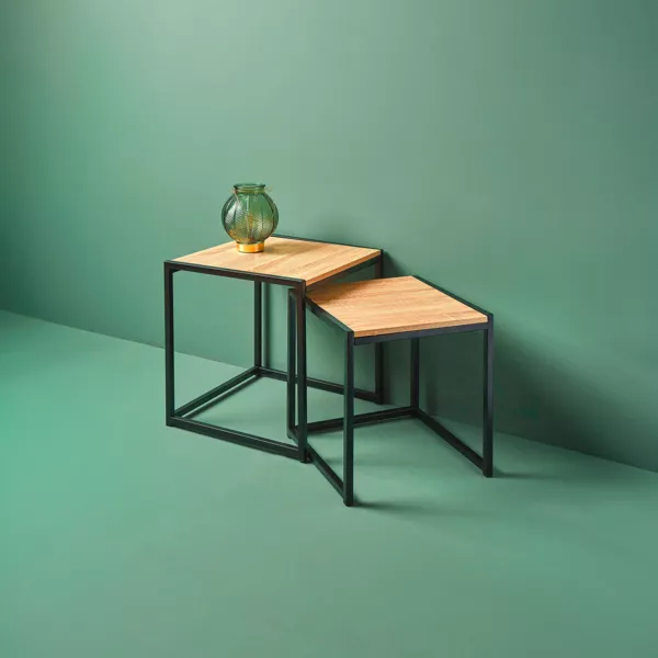 Lot de 2 tables d'appoint carrées bois et métal (H40 cm) Industriel Noir