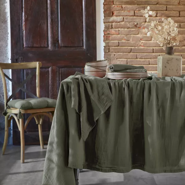 Nappe rectangulaire gaze de coton (150 x 250 cm) Gaïa Vert romarin