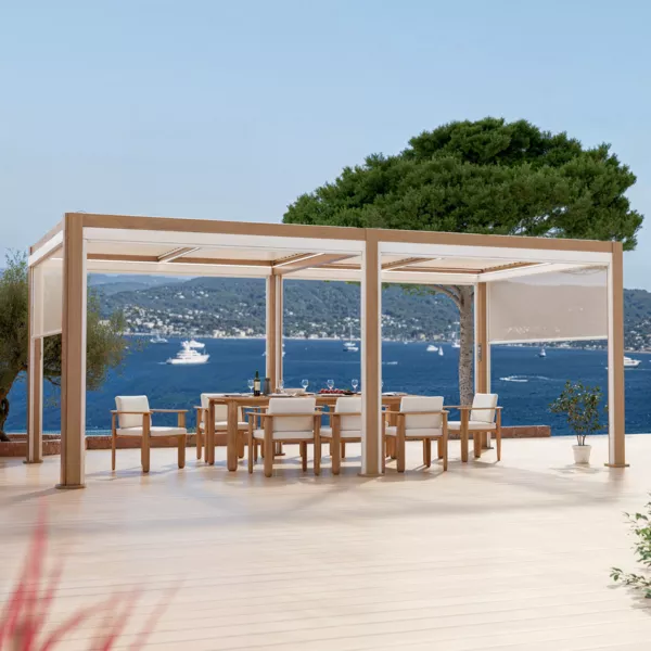 Pérgola bioclimática autoportante motorizada de aluminio (3 x 6 m) LED - Madera
