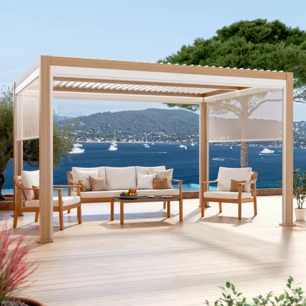 Pérgola bioclimática autoportante motorizada de aluminio (3 x 4 m) LED - Madera